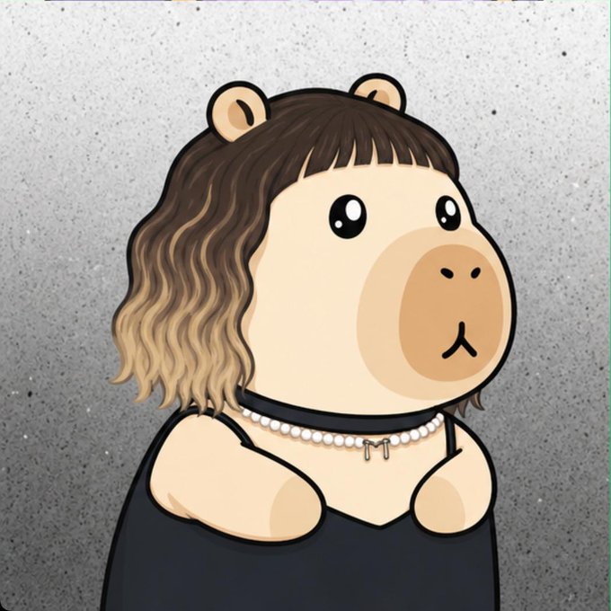 An illustration of a chubby cartoon character with a bear-like face, wavy brown and blonde hair, wearing a black dress and pearl necklace with an "M" pendant.