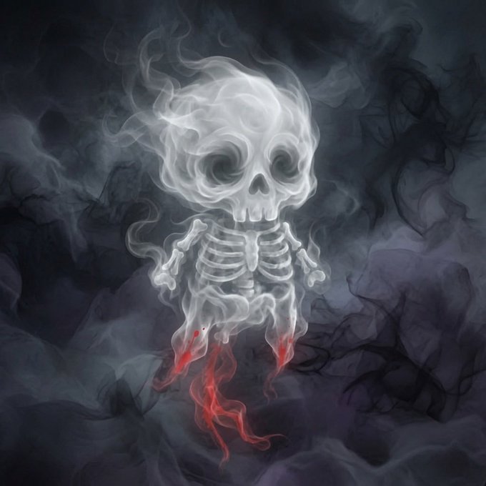 A digital artwork of a baby skeleton surrounded by swirling smoke, with red flame-like wisps emanating from its lower body.