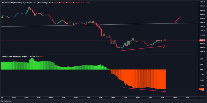 This chart shows Bitcoin's price falling below $64,800, with the "Whale vs Retail Delta" indicator showing a bearish trend and no support from whales.