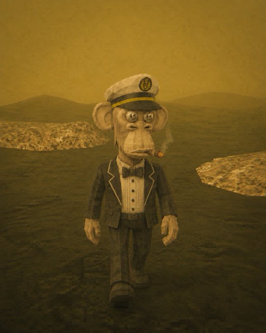 A 3D-rendered monkey character wearing a captain's hat, suit, and bow tie stands in a foggy landscape while smoking a cigar.