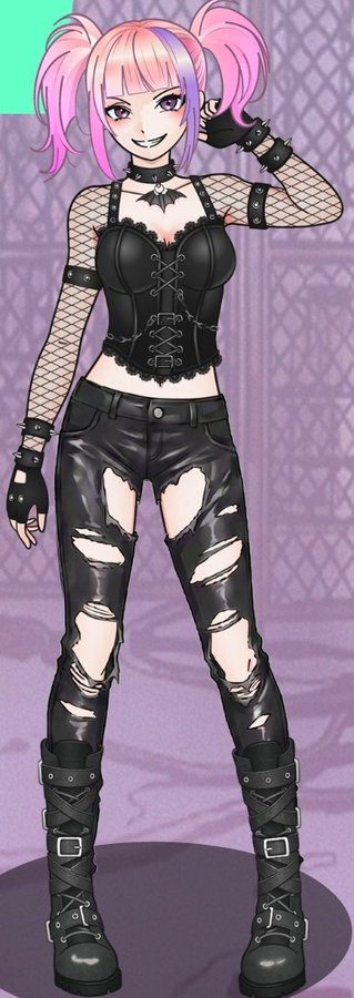 The image features a woman with pink hair wearing black clothing, including ripped jeans and boots. She has a unique appearance that stands out from others. The accompanying post discusses her new avatar, which is an Aruku-chan character known for their distinct style and skills in combat. The post highlights the Aruku-chan's special Ran-chan skill, emphasizing how much she admires it. However, there is one issue with the image: the woman has a helmet on her head. This detail might be distracting or unnecessary depending on the context of the post.