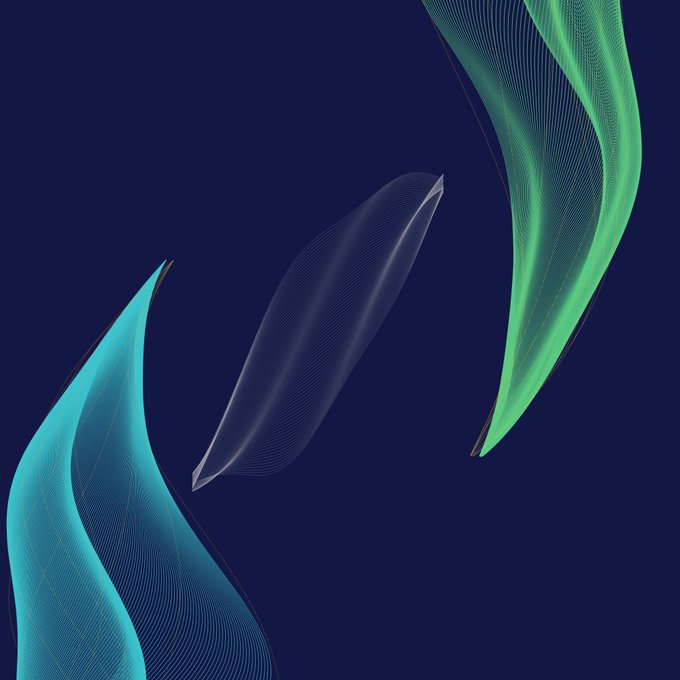 Abstract digital artwork featuring three flowing, ribbon-like shapes in cyan, light blue, and green against a dark navy blue background, with intricate line patterns creating a sense of motion.