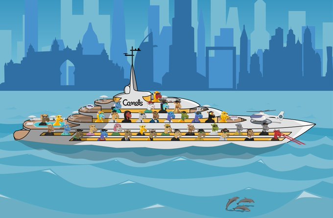 A cartoon illustration of a crowded yacht labeled 'Comets' sailing on the water with a city skyline in the background.