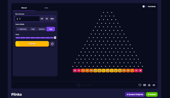 A digital interface displays a Plinko game board from Roobet, featuring a triangle of pegs with numbered slots ranging from 1 to 16 at the bottom, alongside a betting panel showing a "Low" game mode with a "Drop Ball" button. The setup illustrates the chaotic, luck-based nature of Plinko that the post describes, where guessing the ball's path resulted in initially losing but ultimately netting 77U during a voice chat session with a friend.