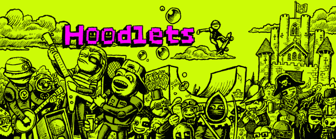 A vibrant yellow and black illustration titled "Hoodlets" depicting various cartoon characters, including musicians, knights, and other figures, with a skateboarder on a cloud in the background.