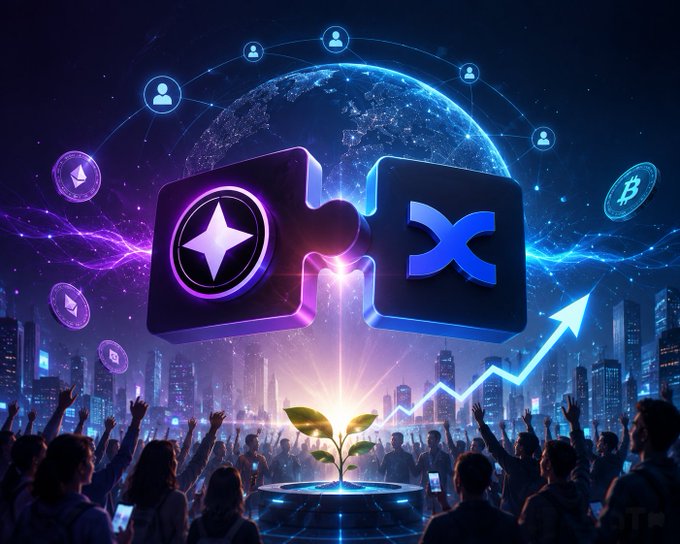 A vibrant digital illustration shows interconnected puzzle pieces featuring a star logo and the "X" symbol linking together above a glowing plant sprout, set against a cosmic cityscape with a rising arrow, Bitcoin symbol, and a cheering crowd—visually echoing the post's message of sustained Web3 collaboration and growth between @timesoulcom and @BingXOfficial.