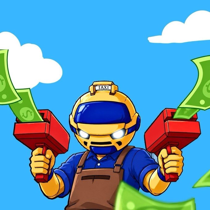 A cartoon character in a yellow taxi driver helmet holds two red cash blasters shooting out green dollar bills against a blue sky.