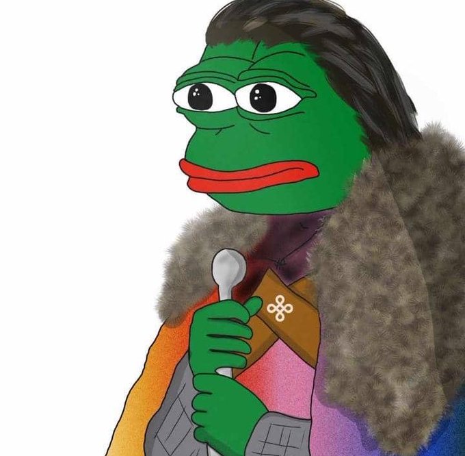 A digitally altered image combining the green Pepe the Frog face with the hairstyle and fur-collared outfit of Jon Snow from Game of Thrones.