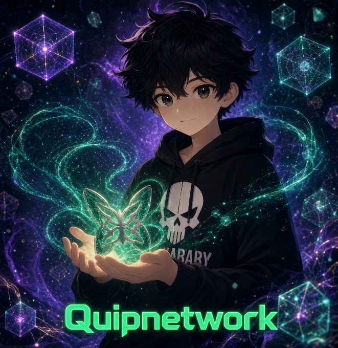 An anime-style illustration of a boy in a black hoodie holding a glowing green butterfly, with the text 'Quipnetwork' displayed at the bottom.