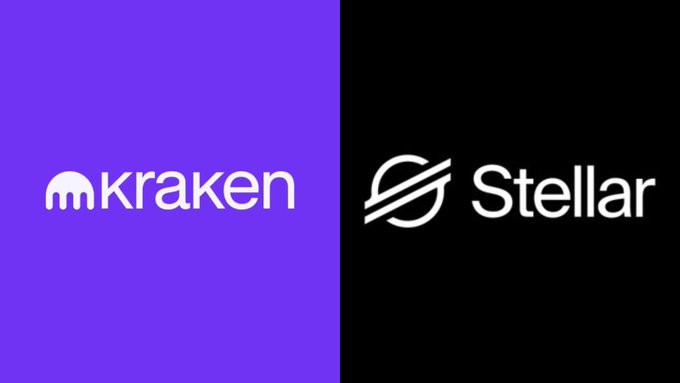 The image displays the Kraken and Stellar logos side by side on purple and black backgrounds. It accompanies news of a 100,000,000 $XLM transfer to Kraken, visually highlighting the two entities involved in the large transaction.