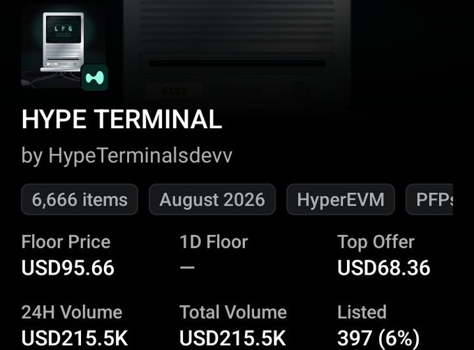 A screenshot from the HyperEVM marketplace displaying the "HYPE TERMINAL" NFT collection by HypeTerminalsdevv, showing a floor price of USD95.66, a top offer of USD68.36, and 24H/total volume of USD215.5K across 6,666 items as of August 2026. The image reflects the post's message of loyalty and bullish conviction in the project, with the listed metrics supporting the poster's claim of strong trading activity and "sending everything higher."