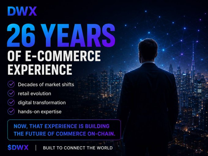 Promotional graphic for 'DWX' highlighting '26 YEARS OF E-COMMERCE EXPERIENCE' with bullet points on market shifts and digital transformation, showing a man in a suit overlooking a city skyline.