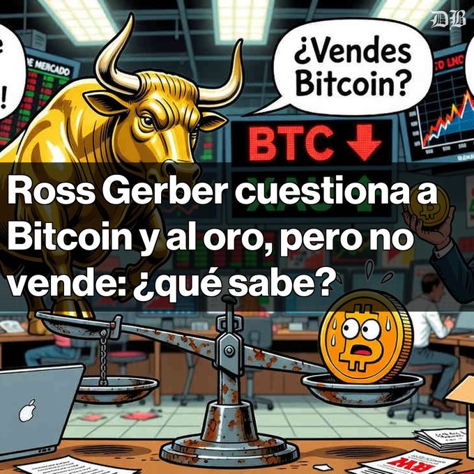 Cartoon illustration of a gold bull questioning Bitcoin with a speech bubble asking '¿Vendes Bitcoin?' while a scale weighs the bull against a sweating Bitcoin coin, with overlaid Spanish text: 'Ross Gerber cuestiona a Bitcoin y al oro, pero no vende: ¿qué sabe?'