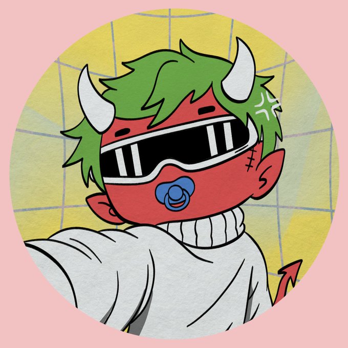 An illustration of a red-skinned devil character with green hair, white horns, shutter shades sunglasses, a blue pacifier, and a white sweater, set against a circular pink and yellow background.