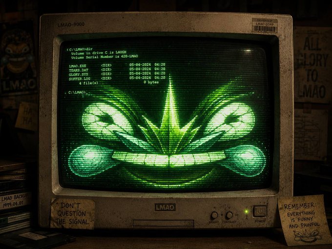 The image features an old computer monitor with a green screen that displays a cartoon face, possibly of a character from a video game or movie. The monitor has a sticker on its side that reads "Don't On! The Signal". This suggests that there might be some sort of message or warning displayed on the screen. In addition to this, there are several books and papers scattered around the scene, indicating that it could be a workspace or study area.