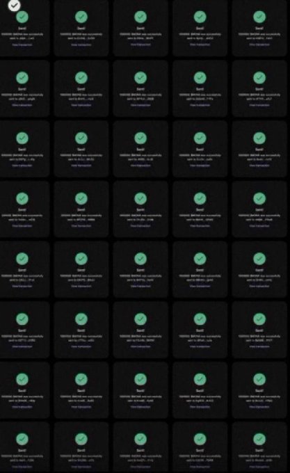The image shows a grid of green checkmark icons paired with identical text reading "Sent Solana Before sol accidentally sent to BTC," "Sent Crypto Price," and "Sent Crypto Price Notification," arranged in a repetitive pattern. The layout appears to be a fake screenshot simulating multiple notifications or confirmation messages, likely used to falsely imply that many Solana ($SOL) transactions have been completed as part of the supposed "$104 airdrop" giveaway mentioned in the post—a common scam tactic to create an illusion of legitimacy.