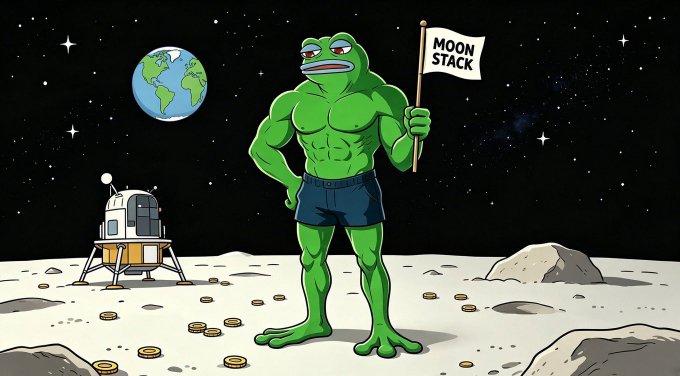 A cartoon illustration of a muscular green frog character standing on the moon holding a 'MOON STACK' flag, with Earth visible in the starry sky above and a lunar lander to the left.