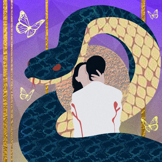 A stylized digital collage portrays a couple embracing, framed by a large patterned snake, purple background, and scattered gold butterflies.