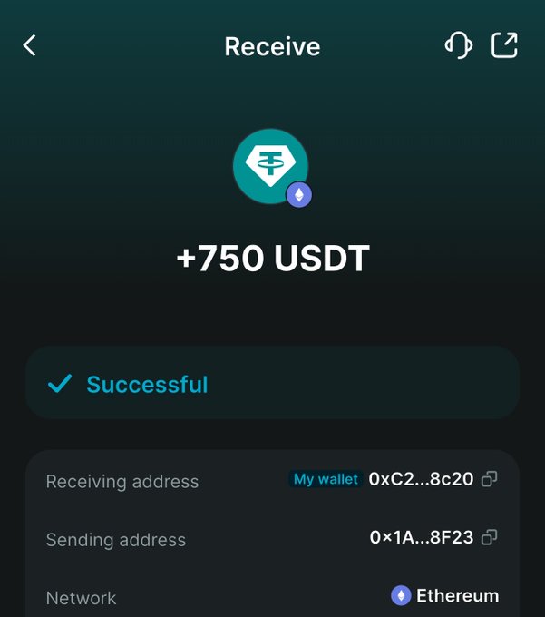 A screenshot of a cryptocurrency wallet app showing a successful receive transaction of '+750 USDT' on the Ethereum network, with receiving address '0xC2...8c20' and sending address '0x1A...8F23'.