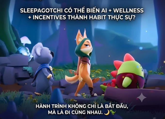 A screenshot from a game called 'Sleepagotchi' featuring cartoon animal characters (a koala, cat, and dinosaur) with Vietnamese text discussing AI + wellness + incentives.
