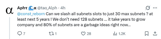 A tweet from Apht (@tao_Alph) asking @const_reborn: 'Can we slash all subnets slots to just 30 max subnets? at least next 5 years! We don't need 128 subnets... it take years to grow company and 80% of subnets are a garbage ideas right now...' with 28 likes and 1.2K views.