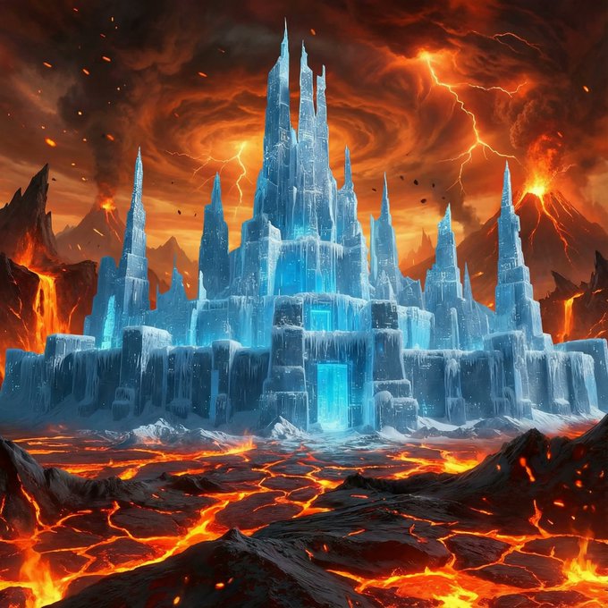 A fantasy illustration of an elaborate frozen ice castle surrounded by molten lava flows and a fiery, lightning-filled sky.