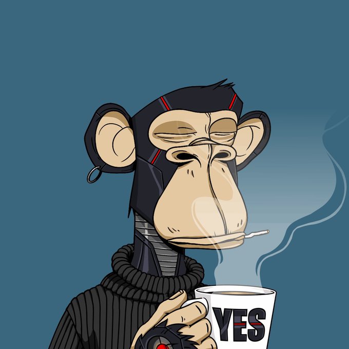 A digital illustration of a monkey wearing a black sweater with a cigarette in its mouth, holding a mug that says 'YES'.