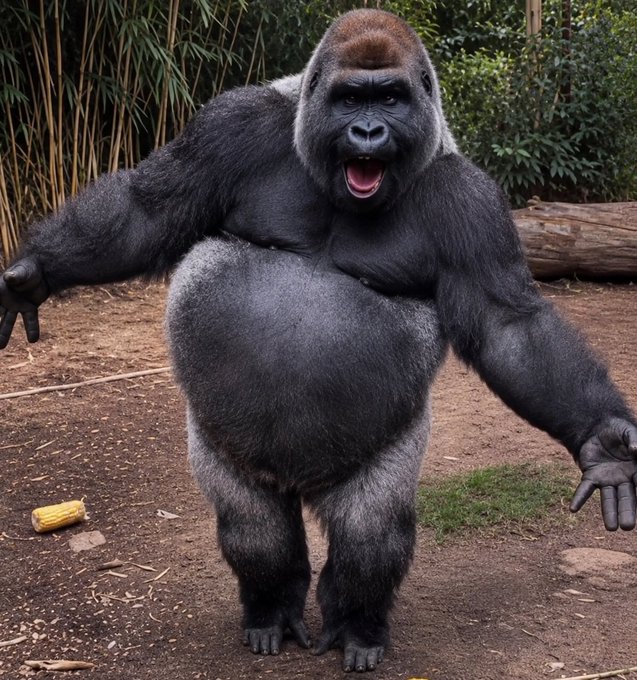 A large silverback gorilla standing on dirt ground with arms outstretched and mouth open, surrounded by bamboo, trees, and a discarded corn cob, appearing to be at a zoo or wildlife park.