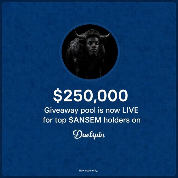 The image advertises a $250,000 giveaway pool for top $ANSEM holders on Duelspin, featuring a striking image of a bull-man. This directly supports the post's announcement about the giveaway and the platform.