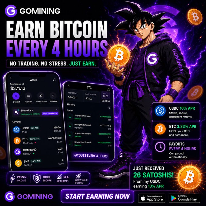 A promotional advertisement for 'GOMINING' featuring a Dragon Ball character, with text 'EARN BITCOIN EVERY 4 HOURS' and 'NO TRADING. NO STRESS. JUST EARN.' alongside app screenshots and a 'START EARNING NOW' button.