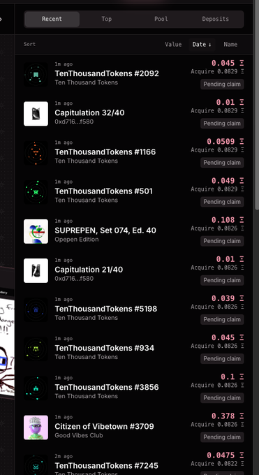 A dark-themed NFT marketplace interface displays a list of recent transactions, predominantly featuring "TenThousandTokens" items (including #2092, #1166, #501, #5198, #934, #3856, and #7245) alongside Jack Butcher's newly gacha-released "Capitulation 32/40" and "Capitulation 21/40" from his Opepen Edition collection, with all items showing "Pending claim" status and Ethereum acquisition prices ranging from 0.01 to 0.378 ETH.