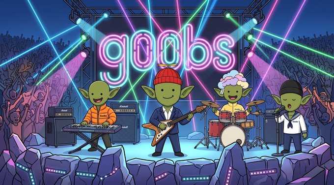 Colorful cartoon illustration of a green goblin rock band performing on stage under a neon 'goblins' sign with laser lights, featuring goblins playing guitar, drums, keyboard, and singing.