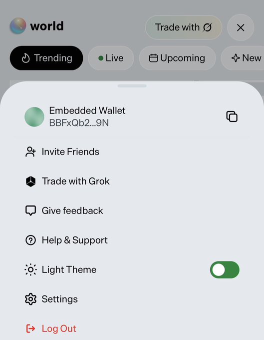 A user menu for the World app is shown, featuring options including an "Embedded Wallet" (BBFxQb2...9N), "Invite Friends," "Trade with Grok," "Light Theme," and "Log Out," suggesting the user is navigating settings to access their wallet—likely to check deposited funds after the removal of the "Trade to Earn" feature.