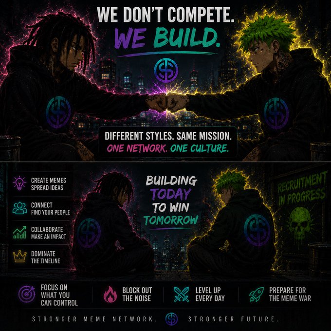 An anime-style meme network promotional graphic featuring two characters fist-bumping with the text 'WE DON'T COMPETE. WE BUILD. DIFFERENT STYLES. SAME MISSION. ONE NETWORK. ONE CULTURE.' along with features like Create Memes, Connect, Collaborate, Dominate.