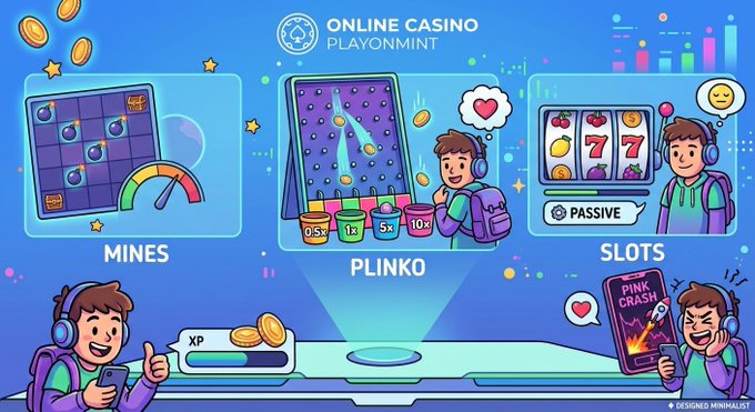 A colorful promotional graphic for "Online Casino PlayOnMint" showcases three games—Mines, Plinko, and Slots—alongside animated characters, XP coins, and a "Pink Crash" phone, visually representing the games mentioned in the reviewer's morning breakdown of their casino experience.