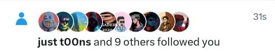 A social media notification showing that "just t0Ons and 9 others followed you" in 31 seconds, with the post highlighting a new follower milestone alongside NFT-related achievements. The image directly illustrates the post's message about gaining new followers while celebrating NFT success.