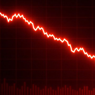 A red line graph on a dark background depicting a sharp downward trend, accompanied by bar charts at the bottom, representing a stock market crash or significant decline.