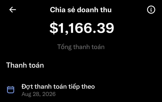 A Vietnamese-language revenue sharing screenshot showing 'Chia sẻ doanh thu' (Revenue sharing) with a total payment of $1,166.39 ('Tổng thanh toán') and the next payment scheduled for Aug 28, 2026 ('Đợt thanh toán tiếp theo').