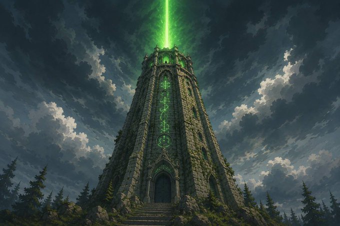 A towering stone monolith rises into a stormy sky, crowned with a radiant green beam of light and illuminated with glowing arcane symbols running down its facade. The image evokes the powerful, self-activating nature of Ritual Net's testnet, where agents awaken themselves onchain—mirroring the monument's autonomous, beacon-like presence as a new pillar of unstoppable blockchain infrastructure.