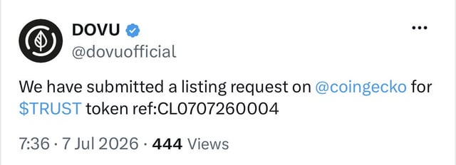A tweet from DOVU (@dovuofficial) dated 7 Jul 2026 announces that a listing request for the $TRUST token (ref: CL0707260004) has been submitted to CoinGecko. The accompanying post suggests momentum and renewed buzz in the crypto space, hinting that this listing activity could positively spill over into $DOVU's own performance.
