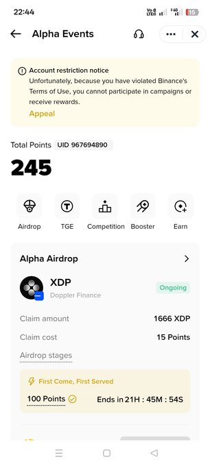 A mobile app screenshot for 'Alpha Events' showing a Total Points score of 245 and an ongoing 'XDP' airdrop from Doppler Finance claiming 1666 XDP for 15 points.
