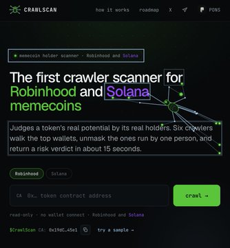 The CrawlScan website homepage describing itself as 'The first crawler scanner for Robinhood and Solana memecoins', with a token scanner interface.