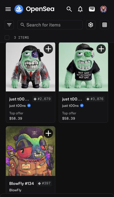 The image shows an OpenSea wallet displaying three NFT holdings: two "just t00..." pieces from the just t00ns collection (listed at $58.39 each, with #2,679 and #3,876), and "BlowFly #134" (#397). This aligns with the caption showcasing the user's long-term NFT holdings, including their two @just_t00ns and @BlowFlyHQ investments that are currently sitting below their purchase prices.