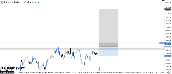A TradingView candlestick chart for Bitcoin / TetherUS (BTCUSDT) on Binance, showing price action with a highlighted forecast zone.