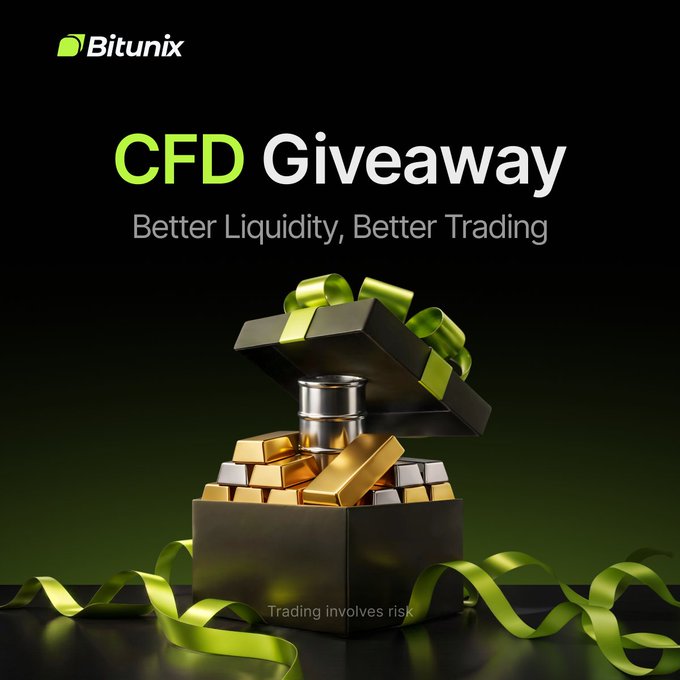 Promotional graphic for Bitunix's "CFD Giveaway" featuring an open gift box filled with gold bars and coins on a dark green background, with the tagline "Better Liquidity, Better Trading" and a disclaimer noting "Trading involves risk." The image visually represents the prize pool of 200 USDT for 10 winners advertised in the accompanying social media post promoting the CFD trading challenge and giveaway.