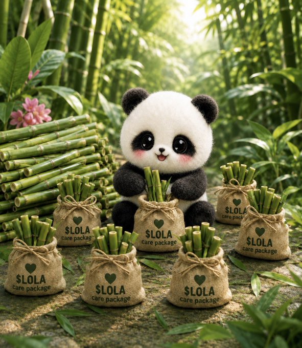 An adorable plush panda sits in a bamboo forest surrounded by burlap sacks filled with bamboo, each labeled '$LOLA care package' with a green heart.