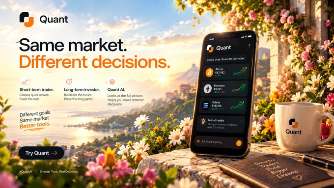 An advertisement for the 'Quant' app featuring a smartphone displaying cryptocurrency prices (BTC, ETH, SOL) alongside text reading 'Same market. Different decisions.' and a 'Try Quant' button.