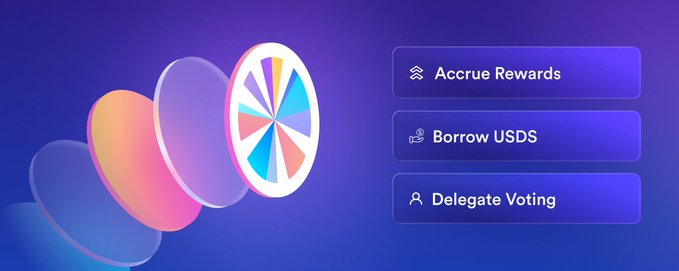 A purple-themed graphic featuring a colorful segmented wheel icon alongside three buttons labeled 'Accrue Rewards', 'Borrow USDS', and 'Delegate Voting'.