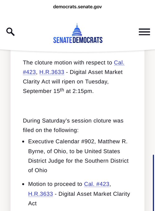 A screenshot from democrats.senate.gov announcing that the cluture motion for Cal. #423, H.R.3633 - Digital Asset Market Clarity Act will ripen on Tuesday, September 15th at 2:15pm, along with a list of other cluture filings including Executive Calendar #902 for Matthew R. Byrne.