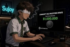 An anime-style illustration shows a character at a computer labeled 'Sujoy' displaying a 'COMMUNITY SALE MILESTONE UPDATE $1,000,000' for an NFT project.